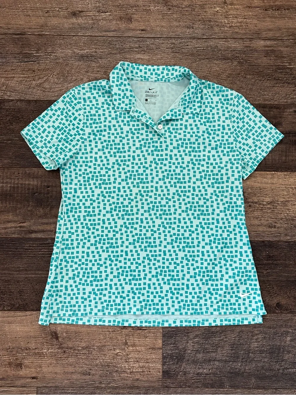 Nike Polo Shirt Womens Sz L Light Blue Teal Standard Fit Geometric Dri-FIT Golf